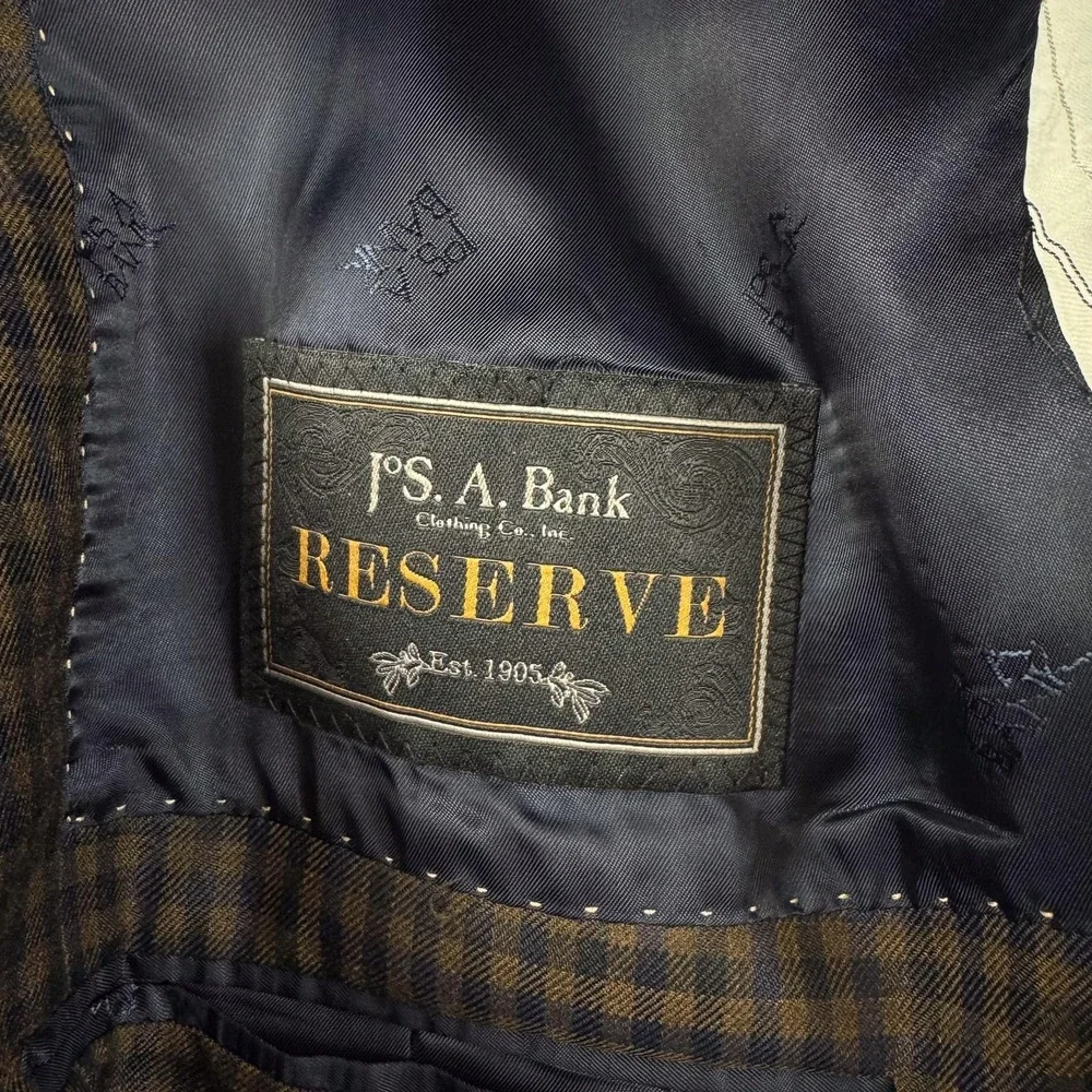 Jos A Bank Reserve Blazer Mens 46L Brown Check Silk Wool Sport Coat Jacket‎ Work